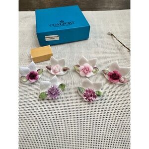 Coal Port Bone China Asst Floral Place‎ Markers with Paper NEW Vintage 6 pcs